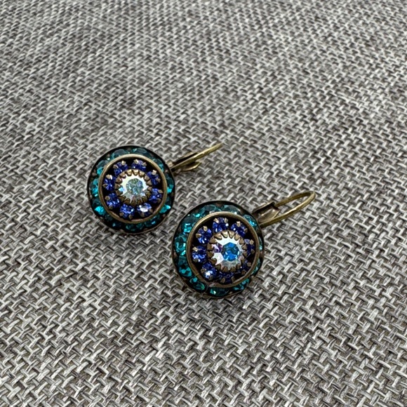 Liz Palacios Swarovski Crystal Blue and Antique Brass Dangle Earrings - Picture 3 of 10